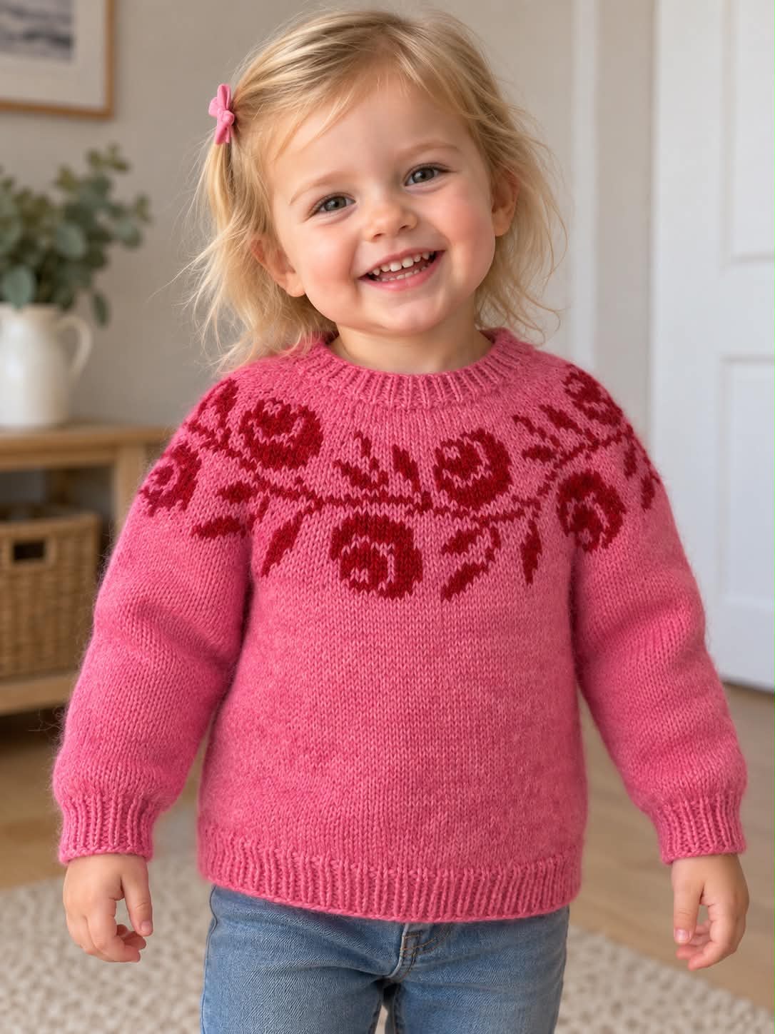 Rosie Yoke Sweater junior - 2 ár - Pink og reytt