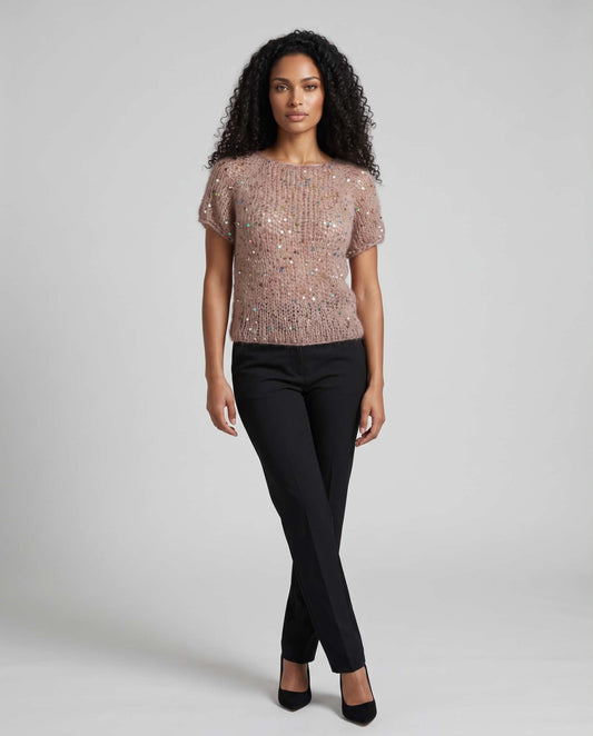 Adel Blouse  frá Sandknit- Stødd XS, S, M - Ljósabrúnt við fleirlittum pailettum